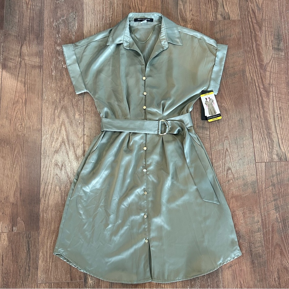 French Connection Short Sleeve Shirt Dress Collared Olive Green Medium